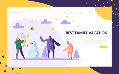 Happy Family Characters Playing Snowball on Winter Holidays Landing Page Template. Mother, Father and Kids Playing Snowballs for Website or Web Page. Vector illustration