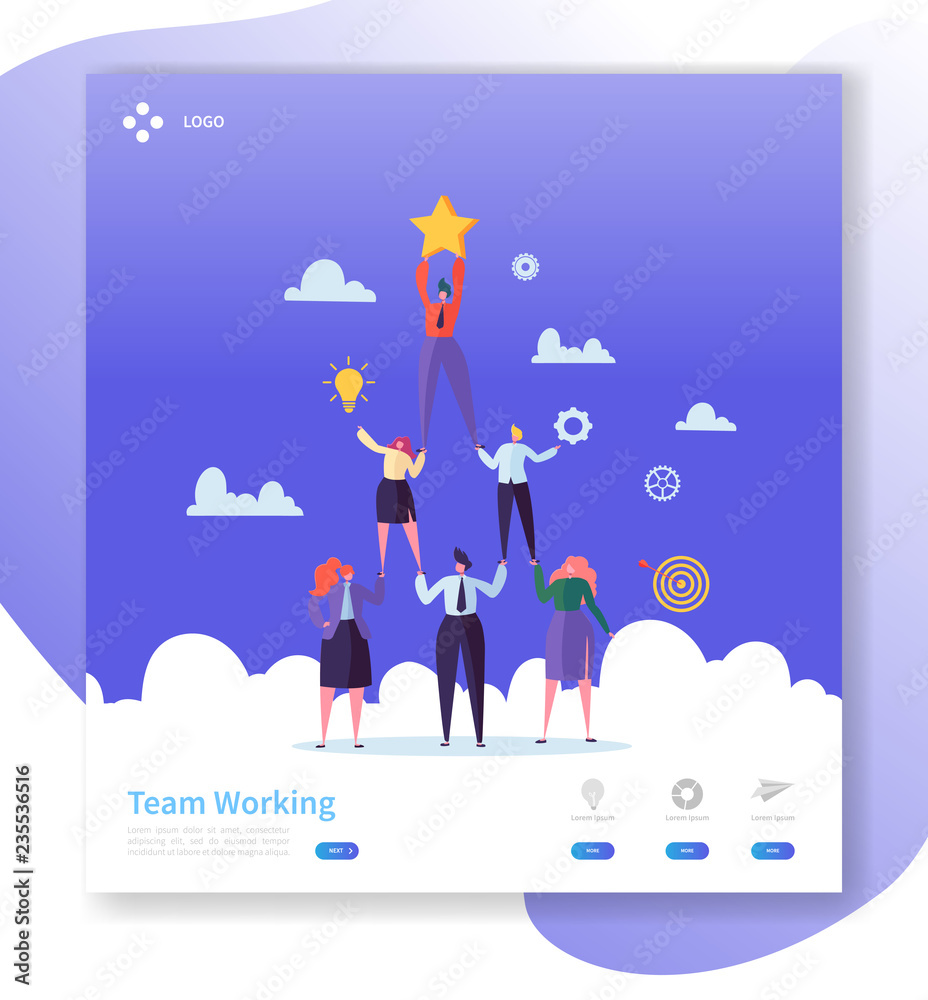 Wall mural teamwork landing page template. business people characters pyramid working together for website or w