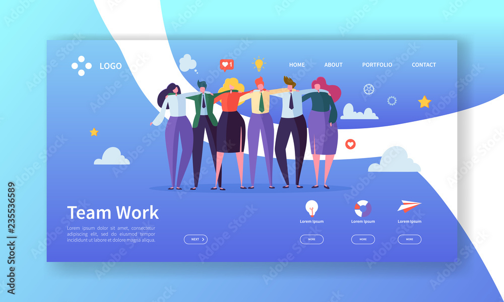 Poster teamwork landing page template. creative process concept with flat people characters working togethe