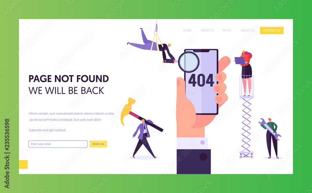 Poster 404 maintenance error landing page template. page not found under construction concept with characte