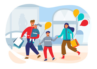 Happy family on shopping. Father, mother and children with bags and purchases. People characters in the mall, store or shop. Vector illustration