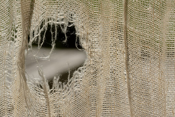 Woven linen, ripped, backlighted. Tear to the left. Tissues, curtain. Natural.