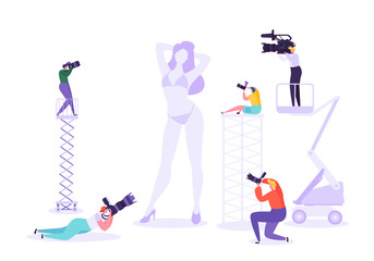 Photography studio with young female model posing and photographers at work. Characters with photo equipment on shooting session. Vector illustration
