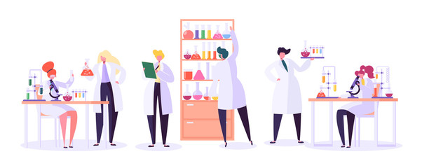 Pharmaceutic Laboratory Research Concept. Scientists Characters Working in Chemistry Lab with Medical Equipment Microscope, Flask, Tube. Vector illustration