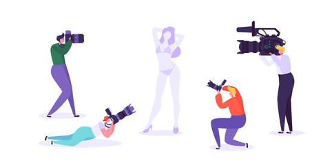 Photography studio with young female model posing and photographers at work. Characters with photo equipment on shooting session. Vector illustration