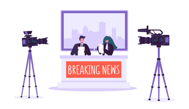Breaking news tv studio, mass media. Professional journalists characters reading urgent news. TV studio with video cameras, microphones. Live news show. Vector illustration