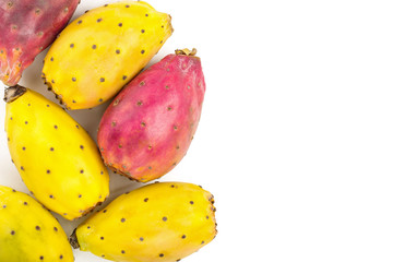 red end yellow prickly pear or opuntia isolated on a white background with copy space for your text. Top view. Flat lay