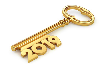 Gold 2019 key isolated on white background. 3d rendering. Illustration for advertising.