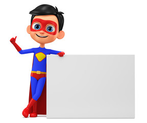 Character cartoon boy in superhero costume shows thumb up on a white background. 3d rendering. Illustration for advertising.