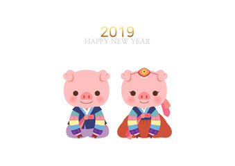 Happy New year 2019. Cute pig character in traditional Korean costume