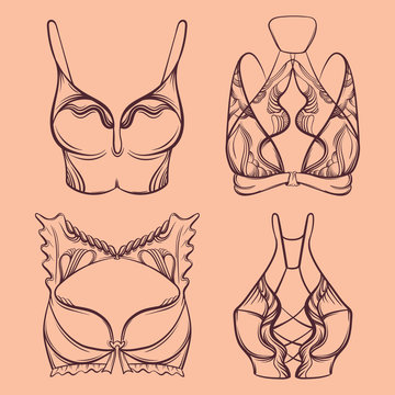 Vector illustration of beautiful collection of bra made in hand drawn sketch style. Artwork in  hand sketched  cartoon style. Template for card poster banner print.