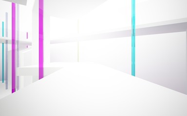 Abstract white interior with colored gradient glossy lines and floor. 3D illustration and rendering