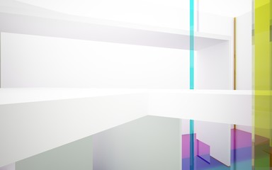 Abstract white interior with colored gradient glossy lines and floor. 3D illustration and rendering