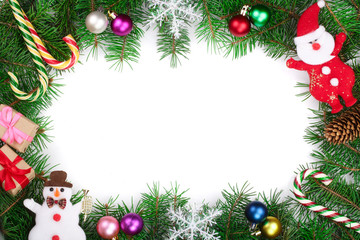 Fototapeta na wymiar Christmas frame decorated isolated on white background with copy space for your text. Top view.