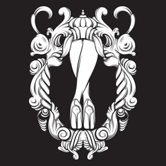 Creative vector illustration of woman legs in barogue frame. Surrealism artwork. Template for postcard banner vintage poster print for t-shirt