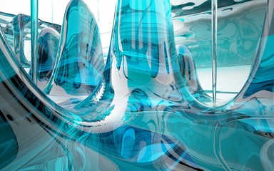 Abstract smooth future interior swimming pool with turquoise water. Architectural background. 3D illustration and rendering 