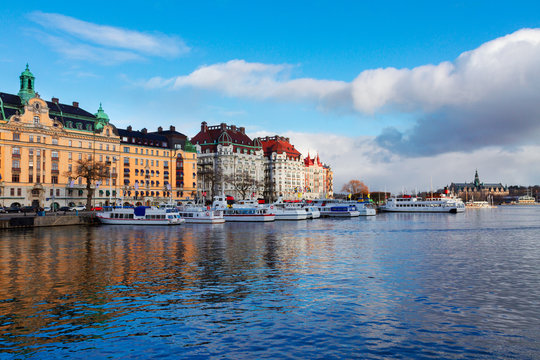 Scenic panorama of the Old Town embankment in Stockholm, Sweden