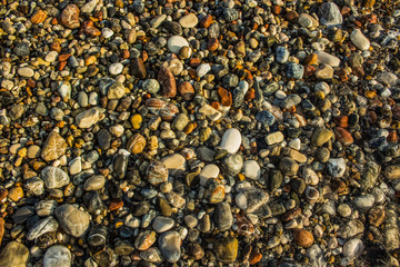 wet sea shore colorful waterfront stones background texture shot from above