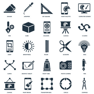 Elements Such As Compass, Idea, S Curve, Dropper, Canvas, Cube, Photo Camera, Crop icon vector illustration on white background. Universal 25 icons set.