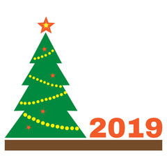 Colored New Year card with christmas tree and inscription 2019. Vector illustration