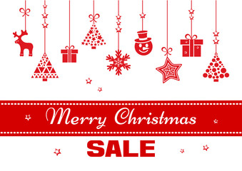 Festive banner for Christmas with red ribbon, toys hanging and inscription SALE. Vector illustration