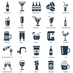 Elements Such As Espresso, Margarita, Corkscrews and bottle of wine, Glass, Glasses with Champagne, Beer mug icon vector illustration on white background. Universal 25 icons set.