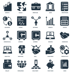 Elements Such As Book, Piggy bank, Gold ingot, Worldwide, Wallet, Invoice, Banking, Deal, Analytics, Exchange, Briefcase, Puzzle icon vector illustration on white background. Universal 25 icons set.