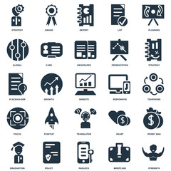 Elements Such As Strength, Briefcase, Padlock, Policy, Graduation, Strategy, Responsive, Translator, Focus, Global, Report, Award icon vector illustration on white background. Universal 25 icons set.