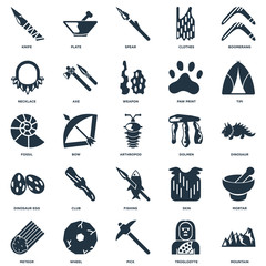Elements Such As Mountain, Troglodyte, Pick, Wheel, Meteor, Tipi, Dolmen, Fishing, Dinosaur egg, Necklace, Spear, Plate icon vector illustration on white background. Universal 25 icons set.