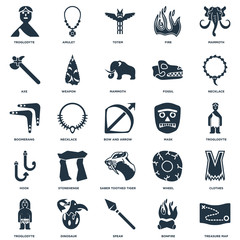 Elements Such As Treasure map, Bonfire, Spear, Dinosaur, Troglodyte, Necklace, Mask, Saber toothed tiger, Hook, Axe, Totem, Amulet icon vector illustration on white background. Universal 25 icons set.
