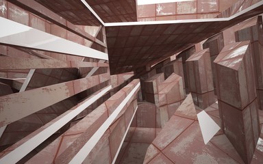 empty abstract room interior of sheets rusted metal. Architectural background. 3D illustration and rendering