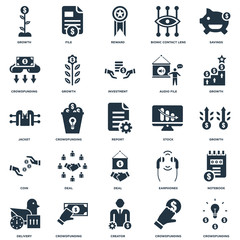 Elements Such As Crowdfunding, Growth, File, Delivery, Earphones, Jacket icon vector illustration on white background. Universal 25 icons set.