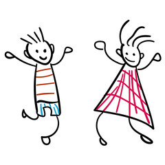 Girl and boy in the style of childrens drawings color