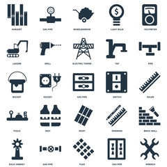 Elements Such As Wrench, Gas pipe, Tiles, Eolic energy, Pipe, Switch, Roof, Tools, Loader, Wheelbarrow, pipe icon vector illustration on white background. Universal 25 icons set.