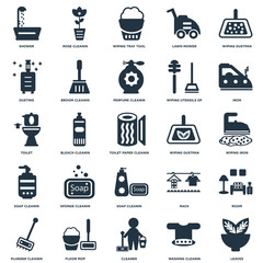 Elements Such As Leaves, Wiping iron, Iron, Rose cleanin, Plunger Broom Rack, Toilet icon vector illustration on white background. Universal 25 icons set.