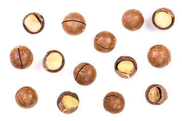 Shelled and unshelled macadamia nuts isolated on white background. Top view. Flat lay pattern