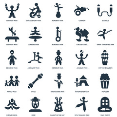 Elements Such As Diabolo, Stilt walker man, Knife Throwing Mime, Circus Dress, Popcorn, Aerialist man icon vector illustration on white background. Universal 25 icons set.