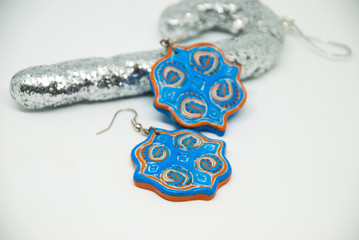 Handmade russian motiv earrings of polymer clay. Winter fashion jewelry.