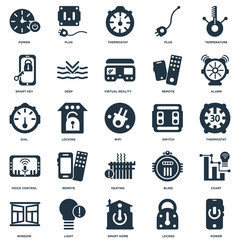 Elements Such As Power, Locked, Smart home, Light, Window, Alarm, Switch, Heating, Voice control, key, Thermostat, Plug icon vector illustration on white background. Universal 25 icons set.