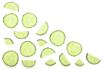 Cucumber slices isolated on white background with copy space for your text. Top view. Flat lay pattern. Set or collection