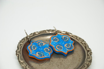 Handmade russian motiv earrings of polymer clay. Winter fashion jewelry.