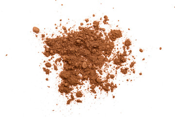 pile of cocoa powder isolated on white background. Top view. Flat lay