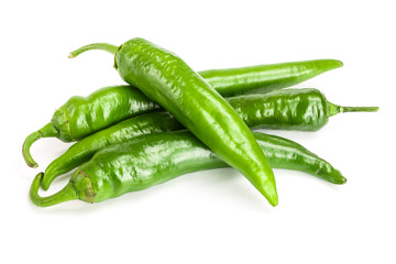 green hot chili peppers isolated on white background. Top view. Flat lay pattern