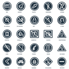 Elements Such As No entry, alcohol, Warning, Bicycle, Weapon, U turn, pets, Fishing, Guns, animals, Traffic, Airport icon vector illustration on white background. Universal 25 icons set.