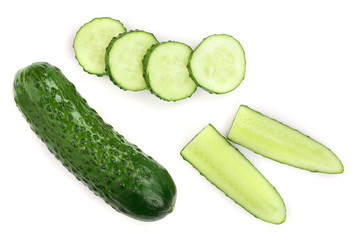 Cucumber slices isolated on white background. Top view. Flat lay pattern