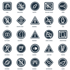 Elements Such As Slope, Skateboard, Barrier, No drinks, Stairway, Girl, Video camera, Silence, drugs, Train, Traffic, Marijuana icon vector illustration on white background. Universal 25 icons set.
