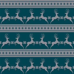 Vector illustrated traditional nordic pattern with deers and snowflakes. Seamless Christmas background
