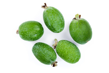 Tropical fruit feijoa Acca sellowiana isolated on white background. Top view. Flat lay pattern