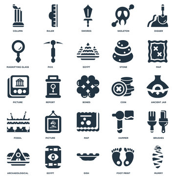 Elements Such As Mummy, Foot print, Dish, Egypt, Archaeological, Map, Coin, Fossil, Magnifying glass, Swords, Ruler icon vector illustration on white background. Universal 25 icons set.