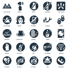 Elements Such As Phone call, CO2, No photo, Ice cream, Weight, Water, Fire, Danger, bleaching, Shout, Silence icon vector illustration on white background. Universal 25 icons set.